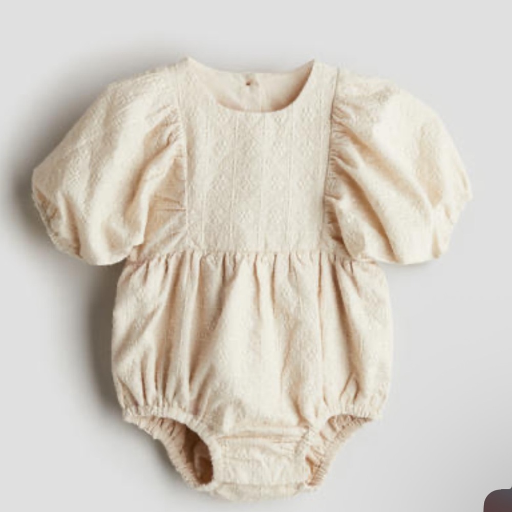 H&M Embroidered Romper with Puff Sleeves